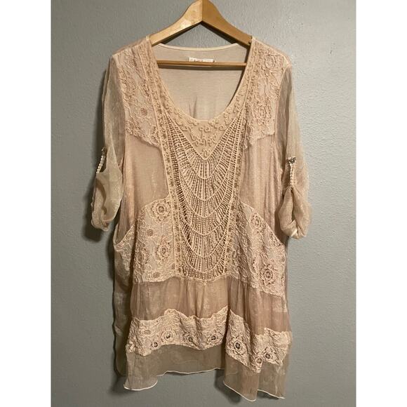 Simply Couture Tops - Simply Couture Womens Tunic 3X Pink Floral Crochet Iridescent Roll Tab Fairy